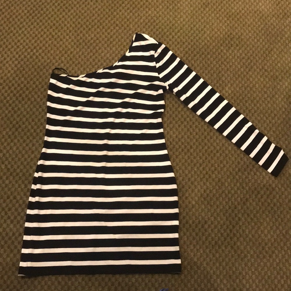 White and black striped dress, one sided shoulder
